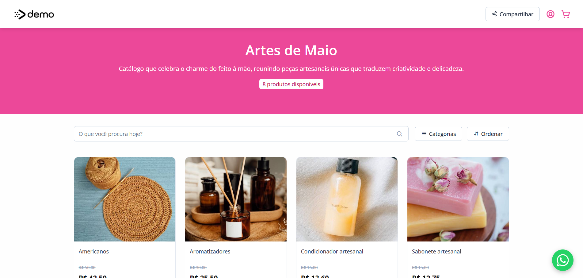 Exemplo de catálogo online para artesanato com categorias organizadas