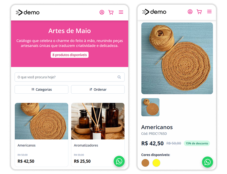 Página de produto artesanal com fotos e descrição detalhada