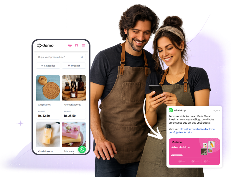 Catálogo digital de artesanato exibindo produtos artesanais em smartphone