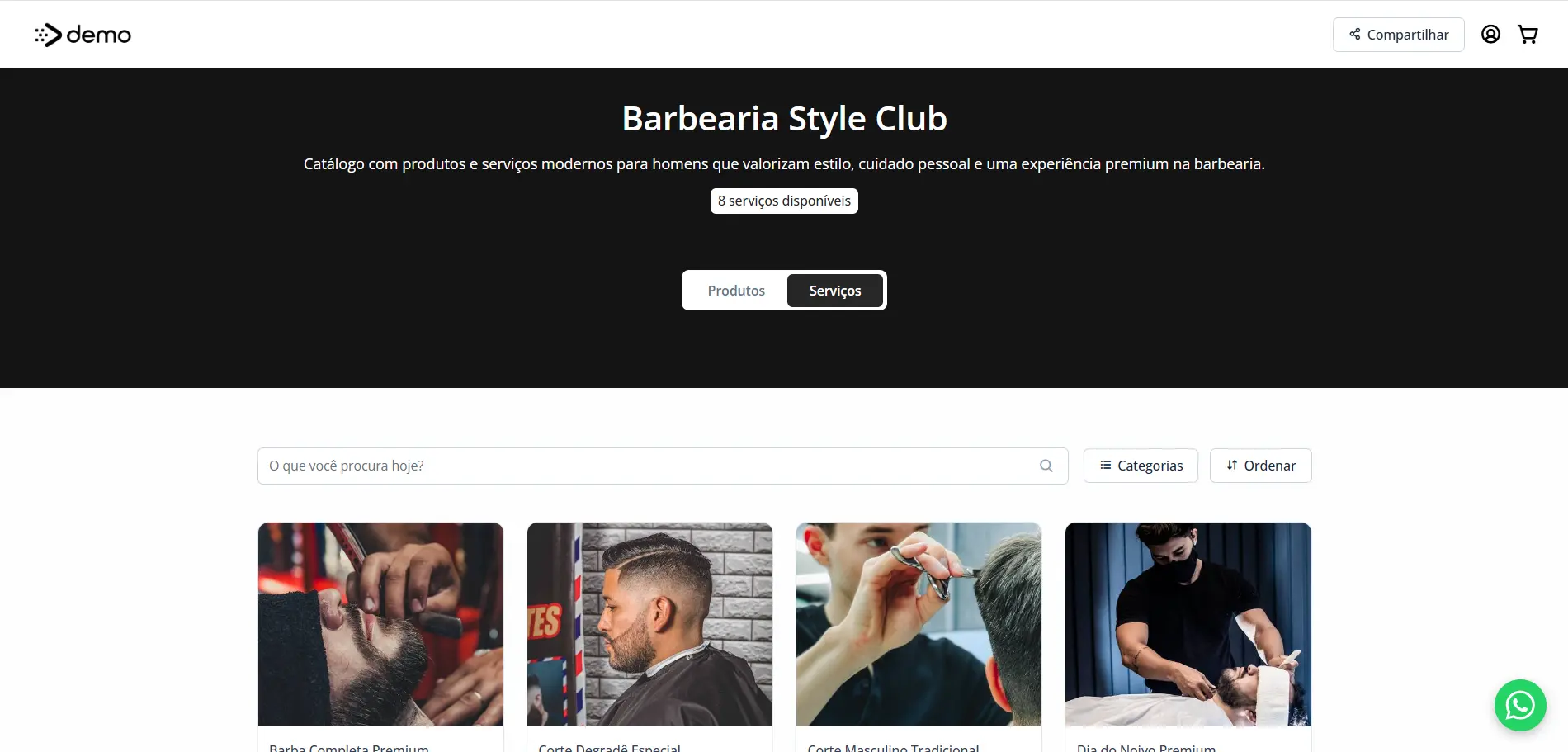Página profissional de barbearia com lista de serviços e agendamento