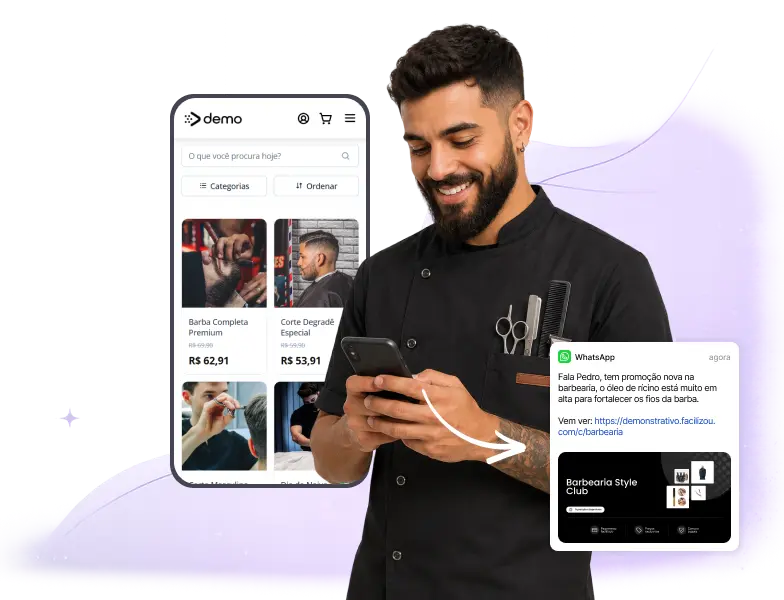 Sistema de agendamento online para barbearia exibido em smartphone