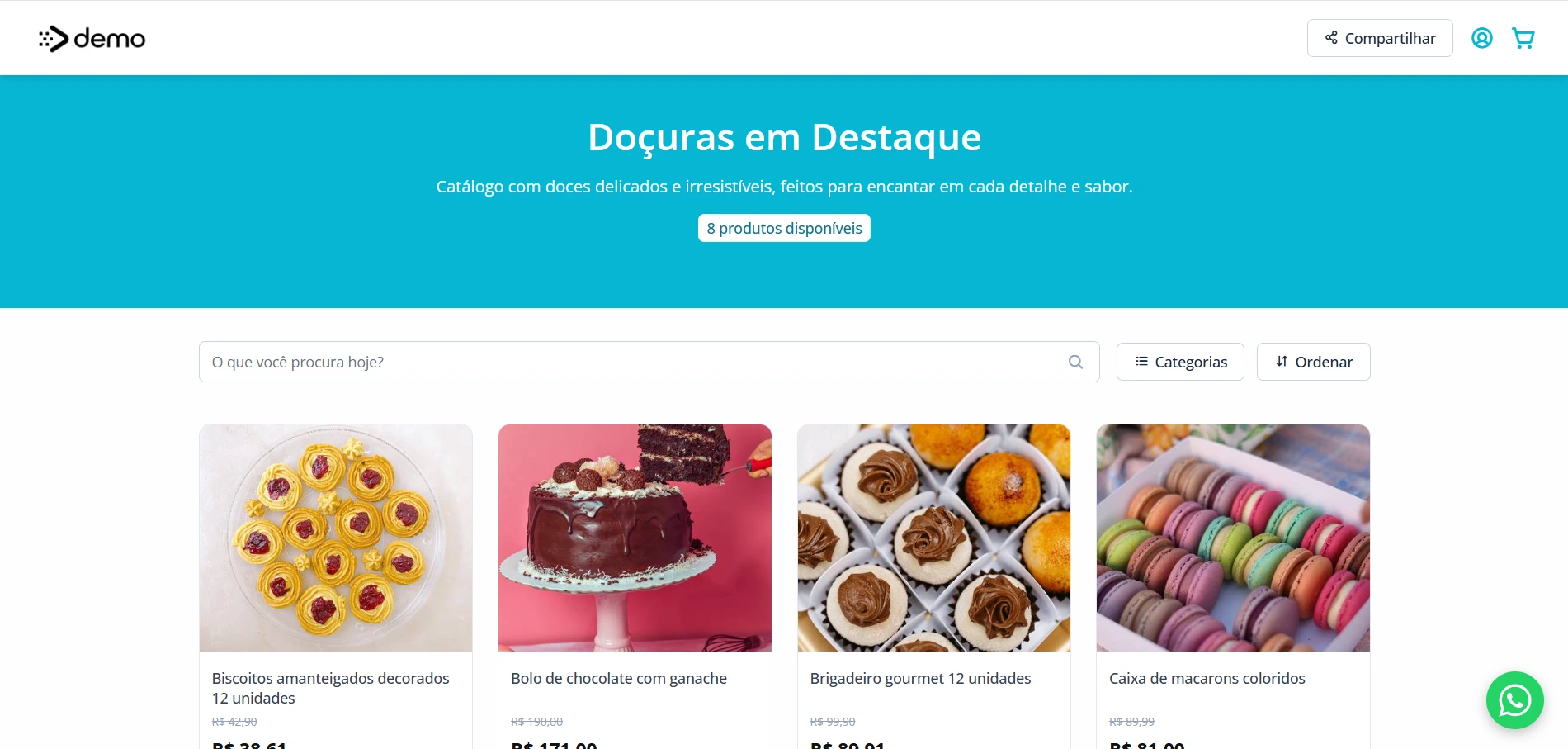 Exemplo de catálogo digital para confeitaria com produtos organizados