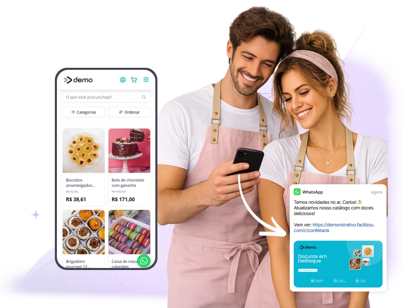 Catálogo digital para confeitaria exibindo bolos e doces em smartphone