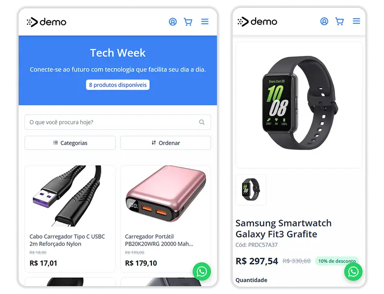 Página de produtos de loja de eletrônicos exibindo itens e preços