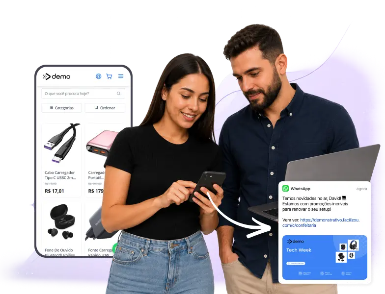 Catálogo digital para loja de eletrônicos exibido em smartphone