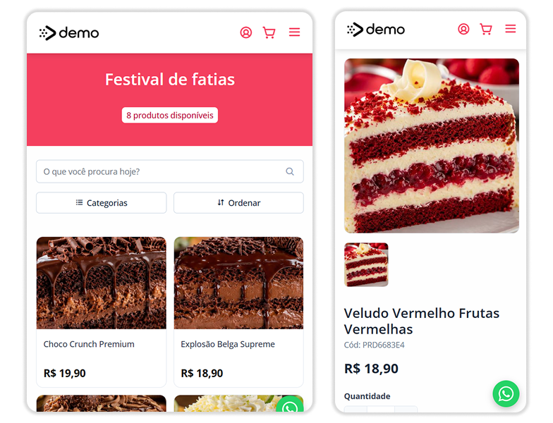 Página interna exibindo fatia de bolo com botões de quantidade e sabor