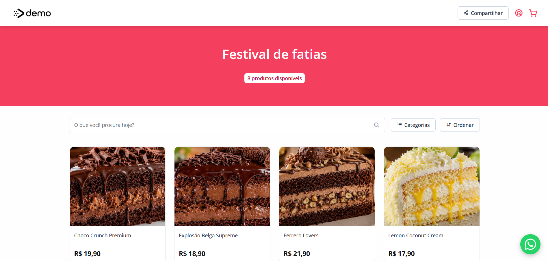 Exemplo de vitrine online configurada para a venda rápida de bolo fatiado