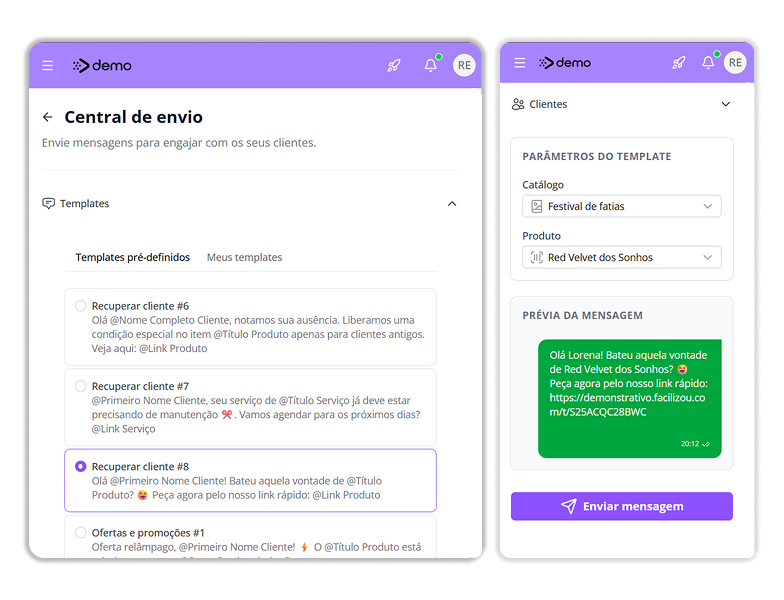 Painel exibindo lista de clientes prontas para reativação via WhatsApp