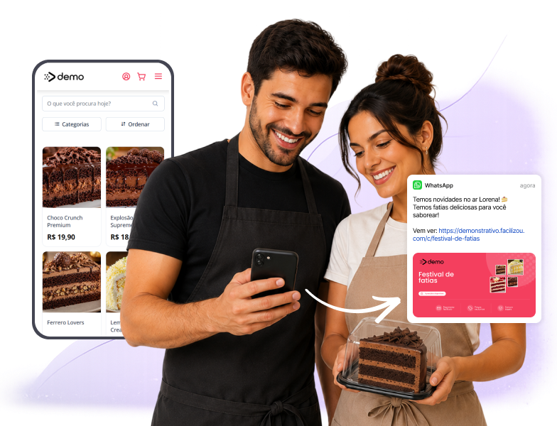 Celular exibindo catálogo digital para festival de fatias com sabores de bolos