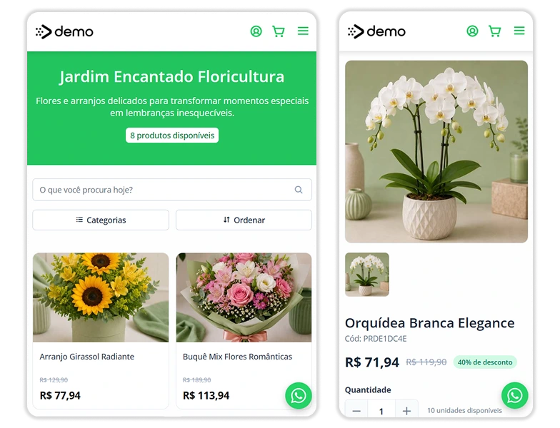 Catálogo digital de floricultura exibindo flores e presentes