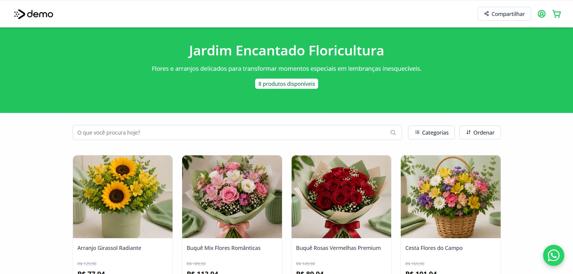 Página profissional de floricultura com catálogo de flores e presentes