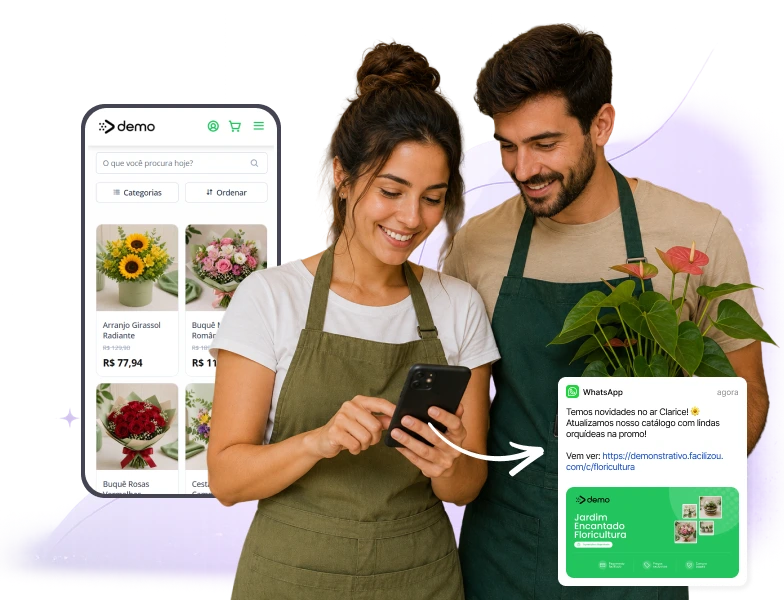 Sistema para floricultura exibindo catálogo digital de flores em smartphone
