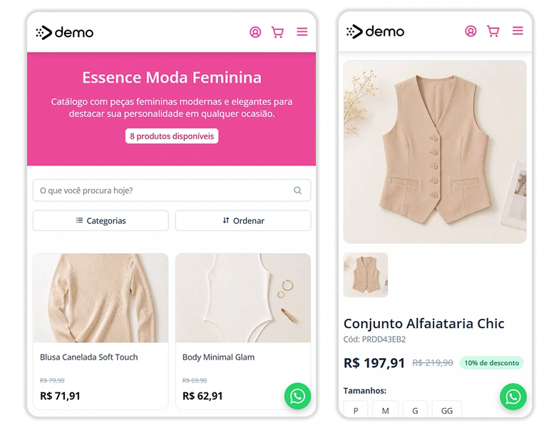 Página de produto de moda com fotos e descrição