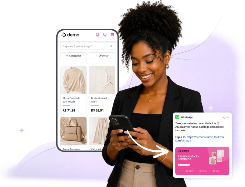 Catálogo digital para loja de moda exibido em smartphone