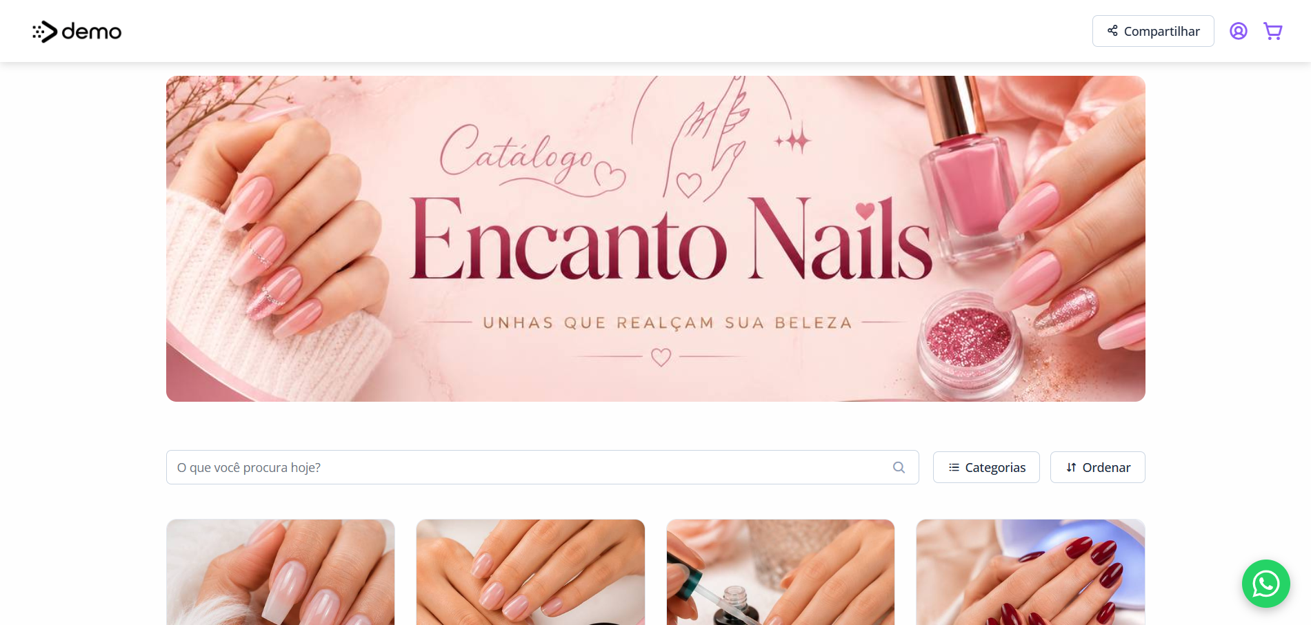 Página profissional para nail designer exibindo catálogo de serviços