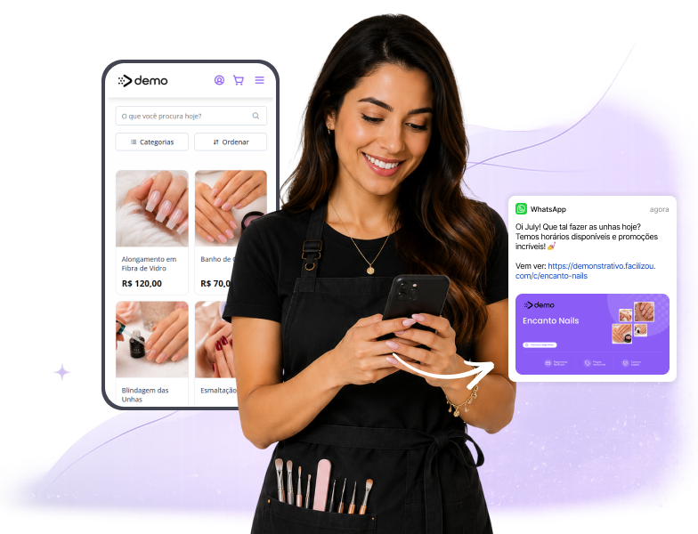 Sistema de agendamento online para nail designer exibido em smartphone