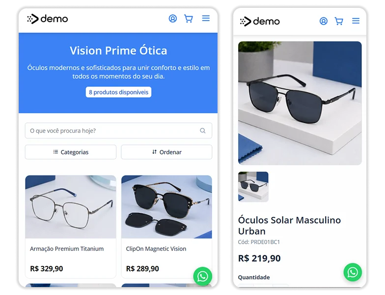 Página de produtos de ótica exibindo óculos e preços