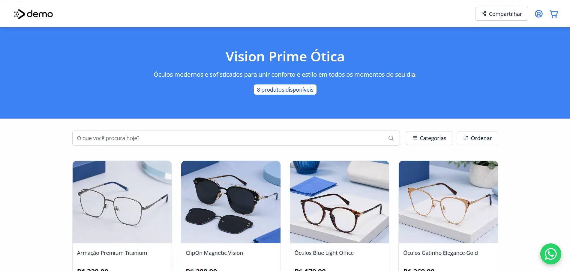 Página profissional de ótica com lista de produtos