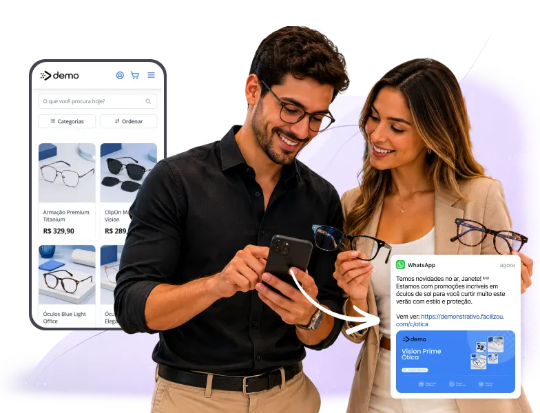 Catálogo digital para ótica exibido em smartphone