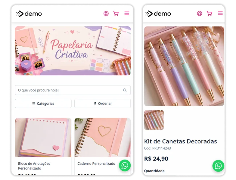 Catálogo online de papelaria criativa exibindo produtos personalizados