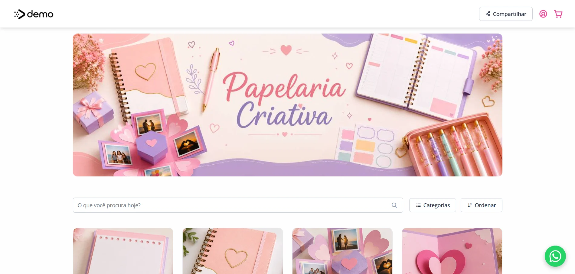 Página profissional de papelaria criativa exibindo produtos personalizados