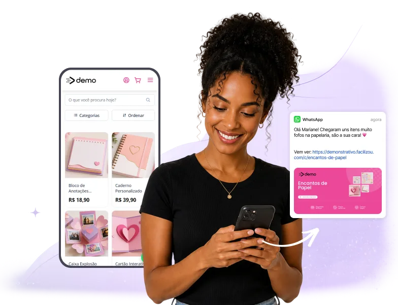 Sistema para papelaria criativa exibido em smartphone