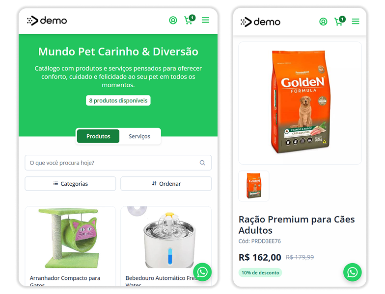 Página de produtos e serviços de pet shop