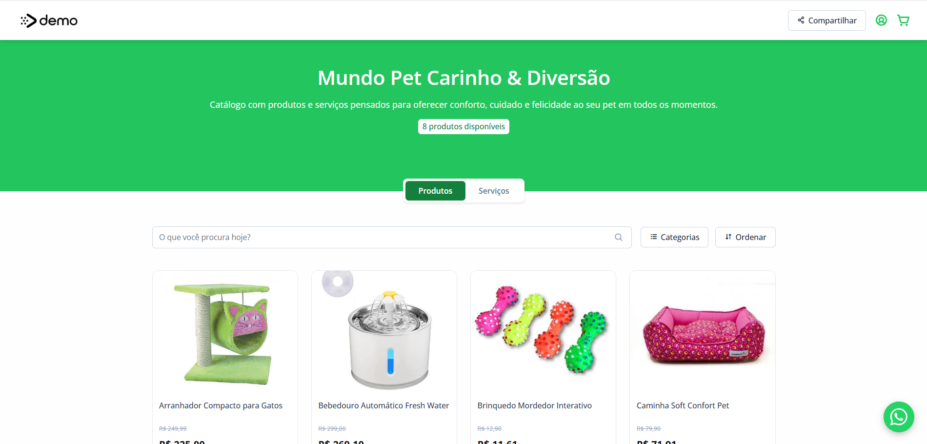 Exemplo de página para pet shop com produtos e serviços organizados