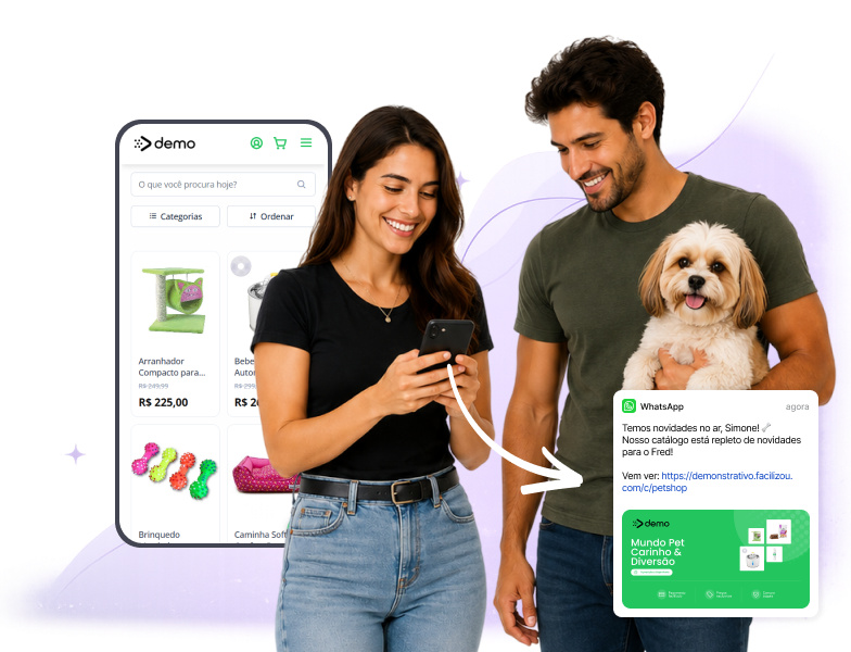 Sistema para pet shop exibindo catálogo de produtos e agendamento online em smartphone