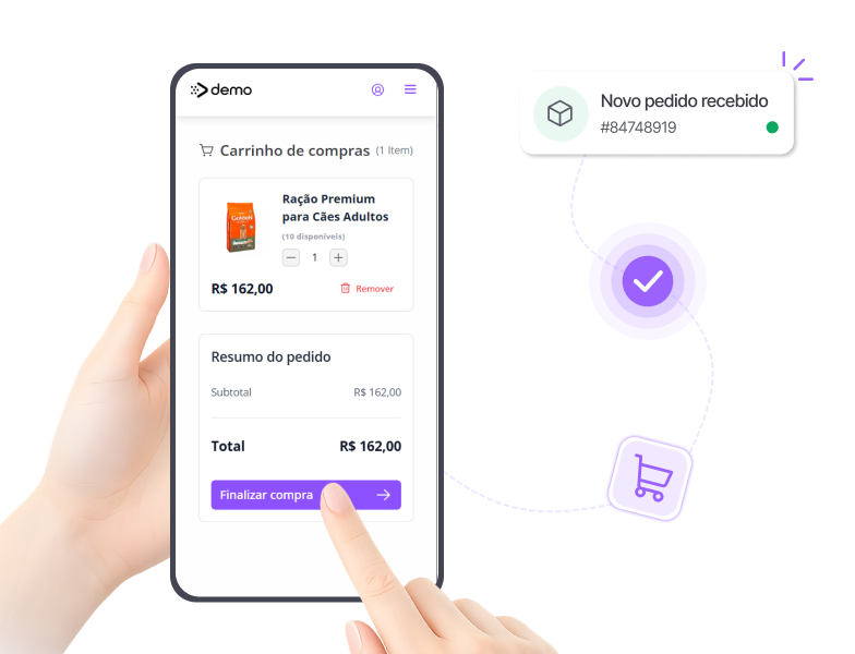 Cliente agendando banho e tosa e escolhendo produtos para pets pelo celular