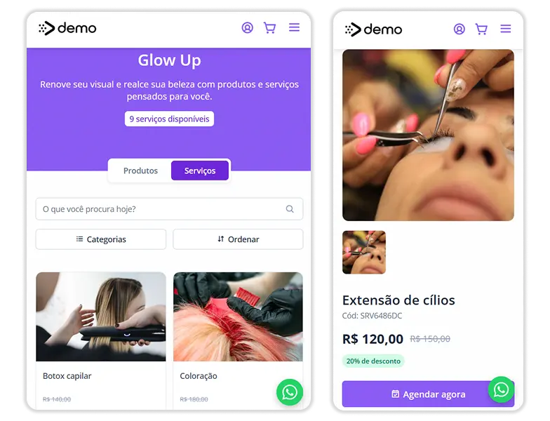 Página de serviços de salão de beleza exibindo tratamentos e preços