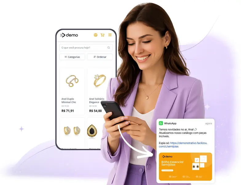 Vitrine online de semijoias exibindo brincos e colares banhados a ouro no celular