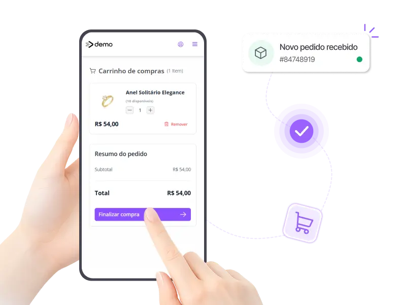 Cliente escolhendo colares e anéis em catálogo responsivo no smartphone