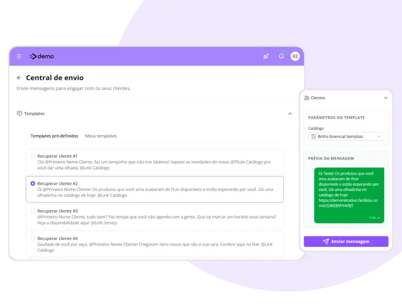 Painel administrativo mostrando dados de clientes inativos de semijoias para contato