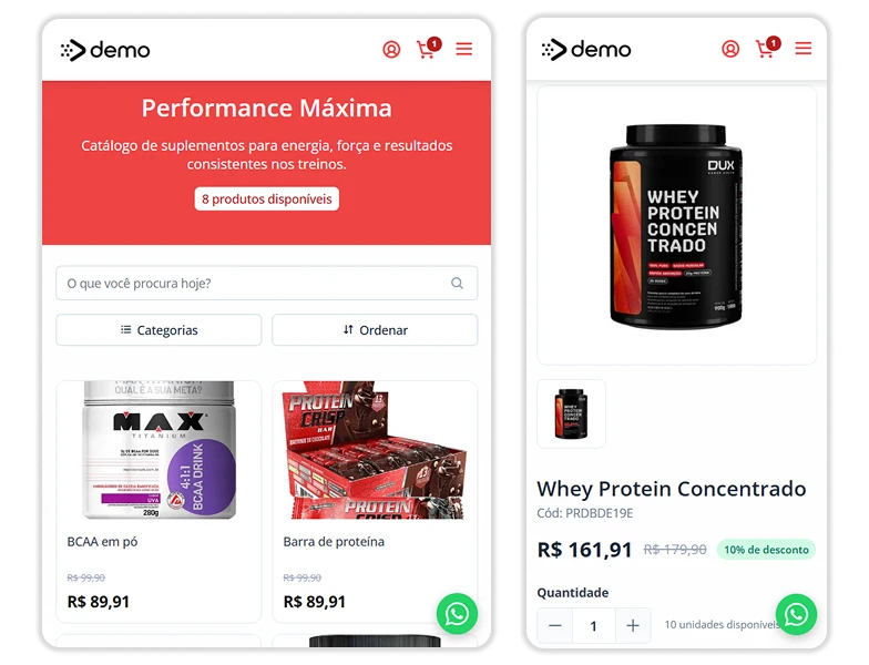 Página de produto de suplementos com fotos e descrição