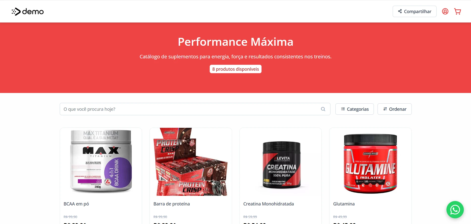 Exemplo de catálogo digital para suplementos com produtos organizados