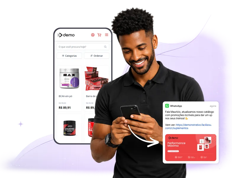 Catálogo digital para loja de suplementos exibido em smartphone